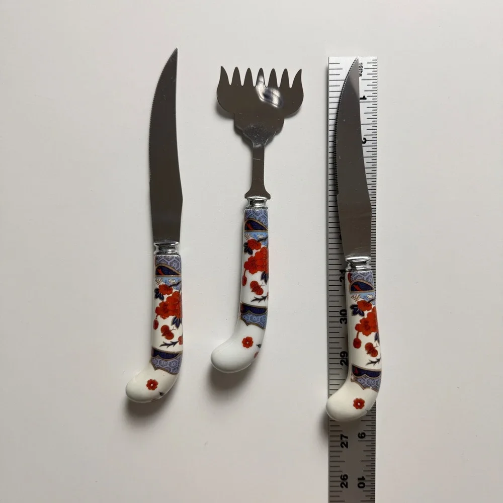 Prill Sheffield England Porcelain Handle‎ Knife Set Floral Cheese Fork 3pc
